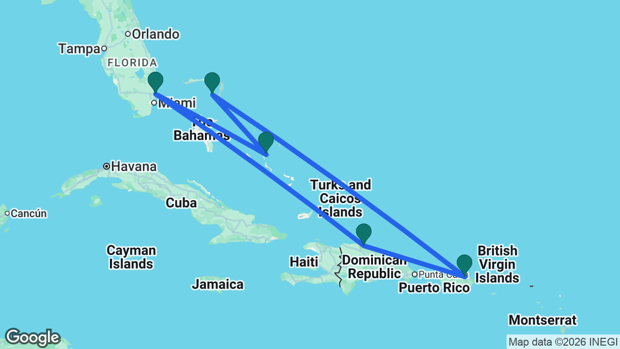 Route map: Fort Lauderdale -> Lookout Cay -> Castaway Cay -> San Juan -> Puerto Plata -> Fort Lauderdale