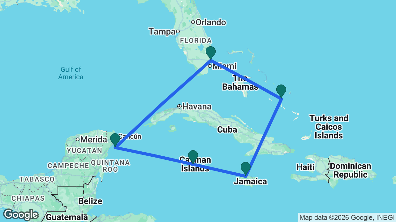 Route map: Fort Lauderdale -> Lookout Cay -> Falmouth -> Grand Cayman -> Cozumel -> Fort Lauderdale