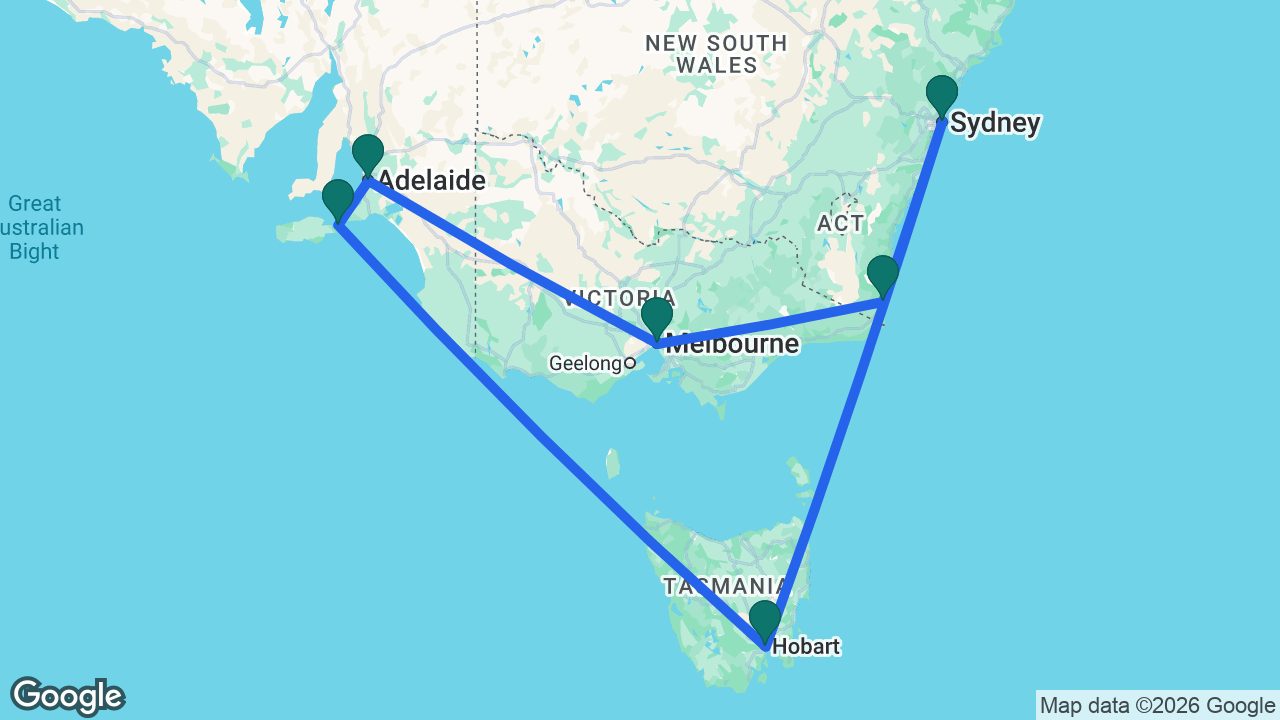 Route map: Sydney -> Hobart -> Kangaroo Island -> Adelaide -> Melbourne -> Eden -> Sydney