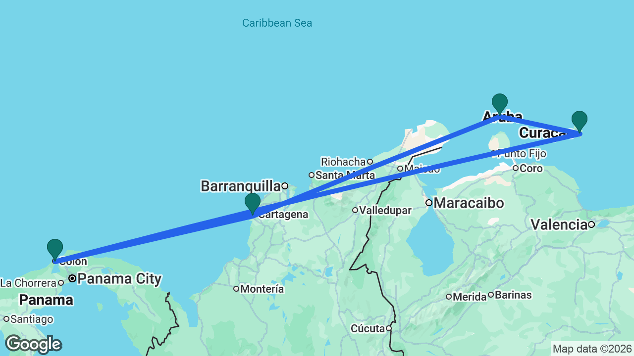 Route map: Colón -> Cartagena -> Aruba -> Bonaire -> Colón