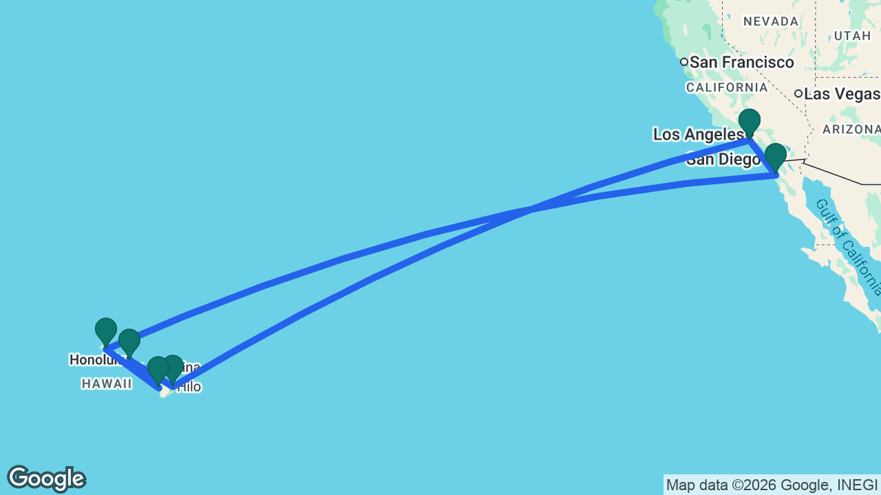 Route map: Los Angeles -> Hilo -> Honolulu -> Kona -> Kauai -> Ensenada -> Los Angeles