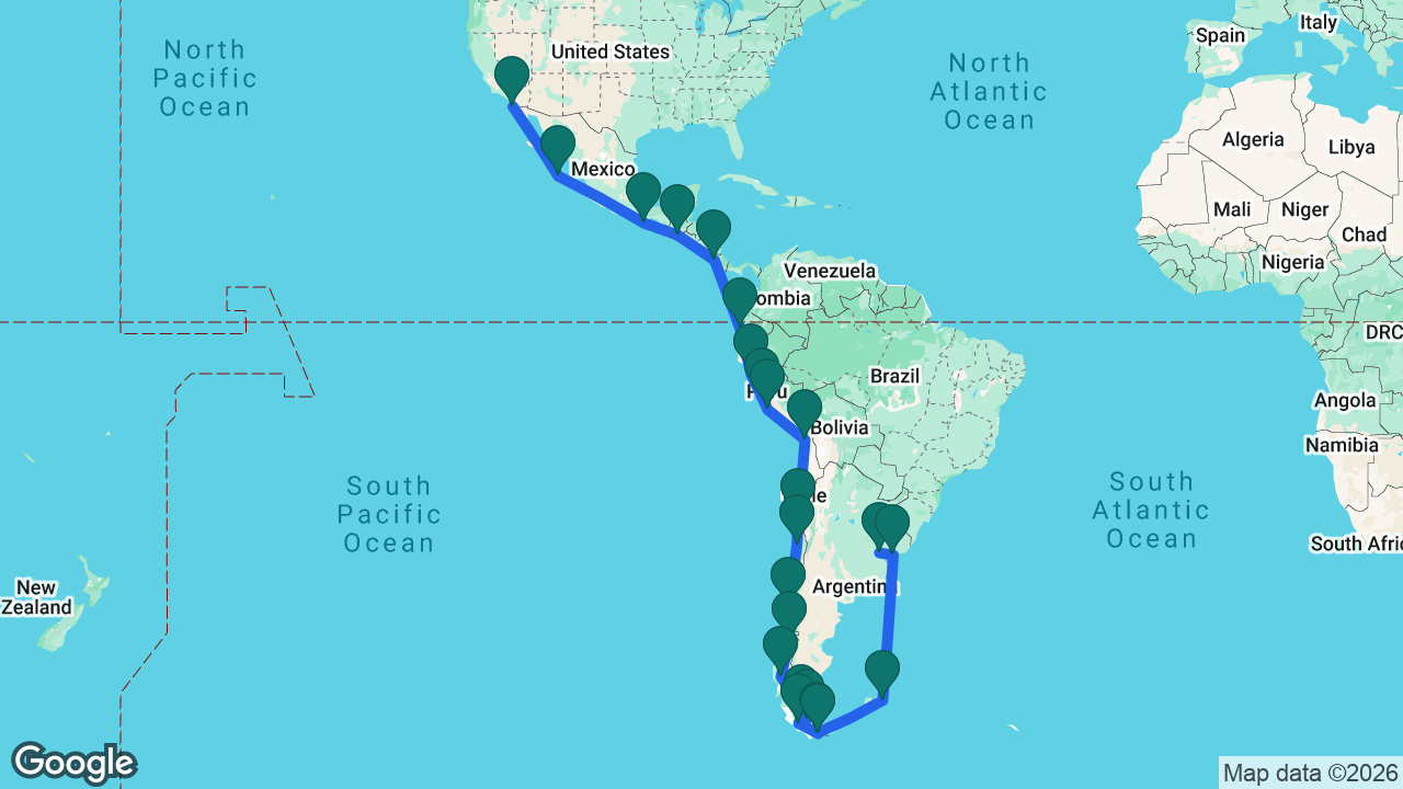 Route map: San Diego -> Cabo -> Huatulco -> Puerto Quetzal -> Puntarenas -> Manta -> Salaverry -> Lima -> General San Martín -> Arica -> Coquimbo -> San Antonio -> Puerto Montt -> Puerto Chacabuco -> Pío XI Glacier -> Strait of Magellan -> Punta Arenas -> Cockburn Channel -> Beagle Channel -> Ushuaia -> Port Stanley -> Montevideo -> Buenos Aires