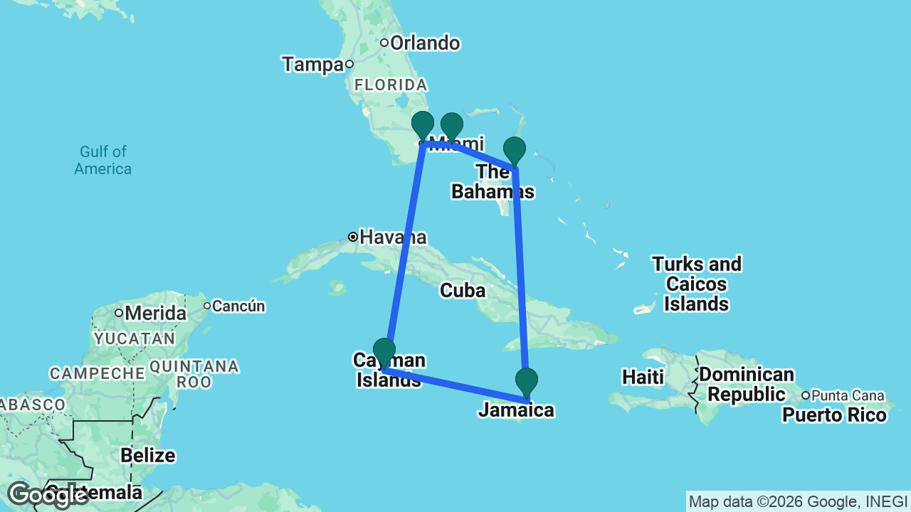 Route map: Miami -> Grand Cayman -> Ocho Rios -> Nassau -> Bimini -> Miami