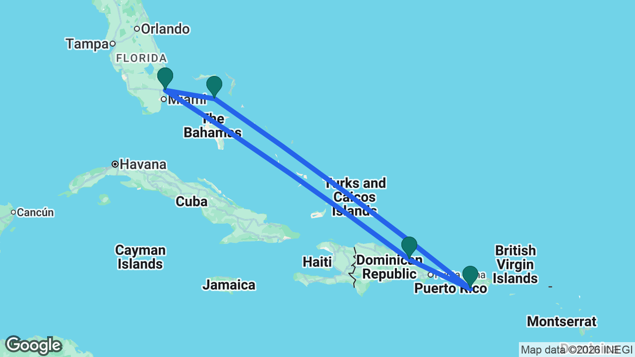 Route map: Fort Lauderdale -> CocoCay -> Ponce -> Samaná -> Fort Lauderdale