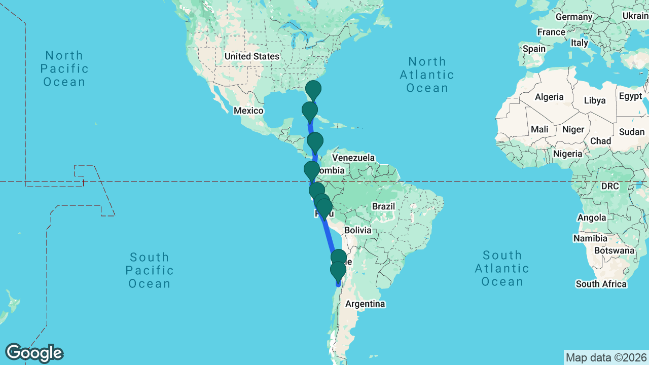 Route map: Fort Lauderdale -> Grand Cayman -> Panama Canal -> Panama City -> Manta -> Salaverry -> Lima -> General San Martín -> Coquimbo -> San Antonio