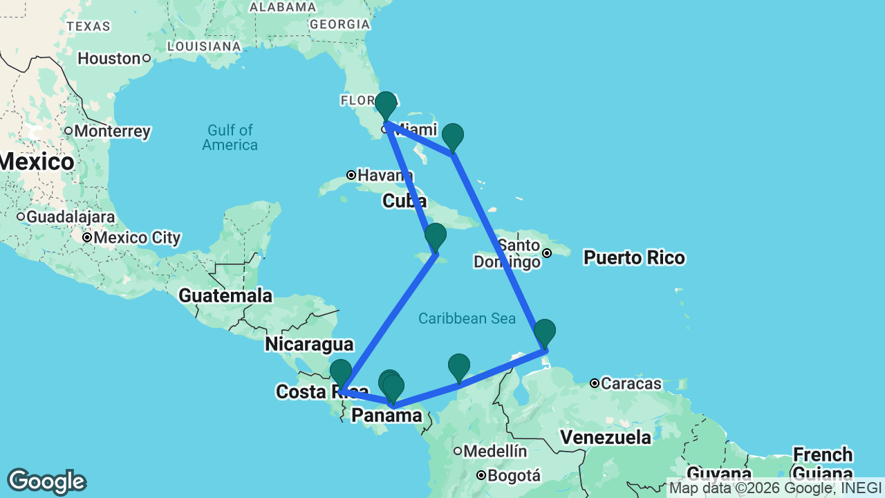 Route map: Fort Lauderdale -> Half Moon Cay -> Aruba -> Cartagena -> Panama Canal -> Gatún Lake -> Colón -> Limón -> Ocho Rios -> Fort Lauderdale