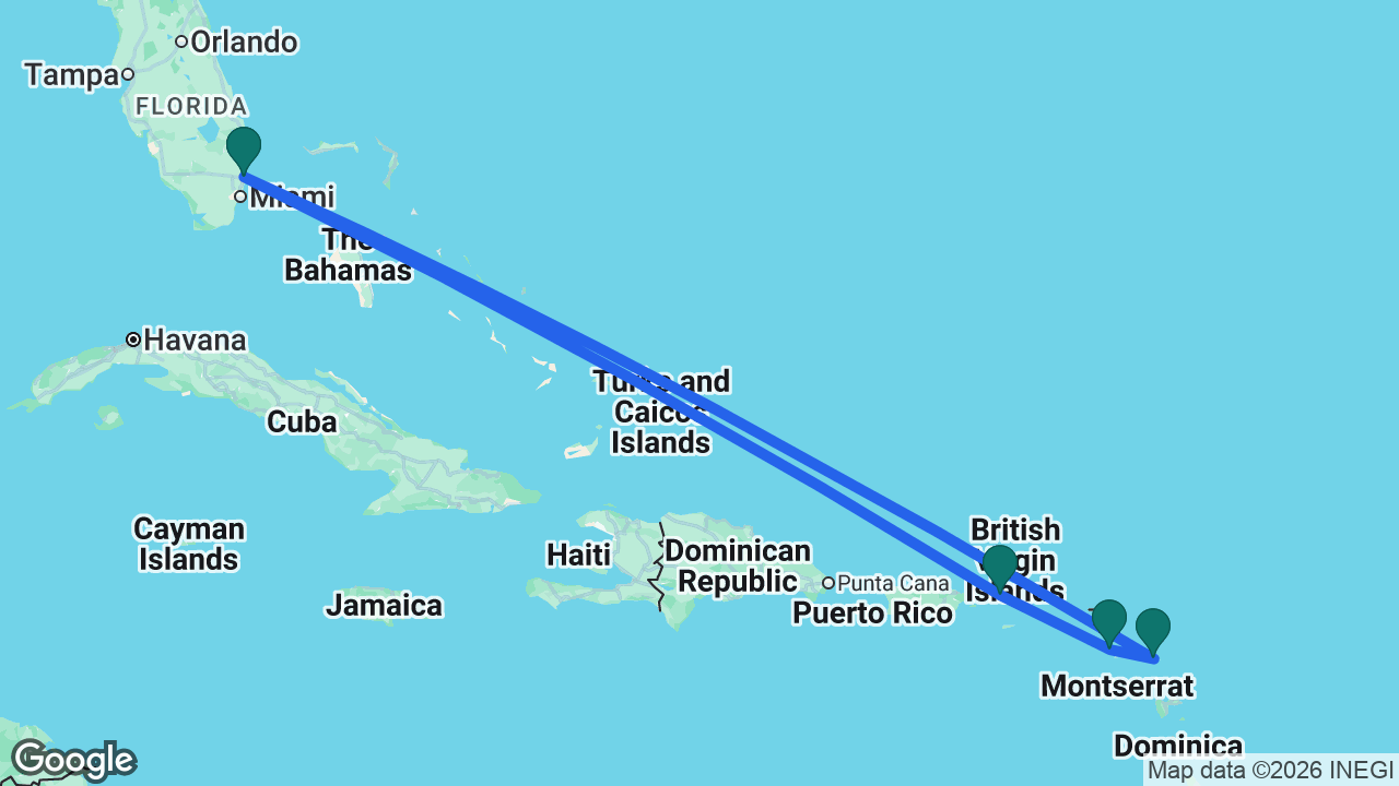 Route map: Fort Lauderdale -> Antigua -> St. Kitts -> St. Thomas -> Fort Lauderdale