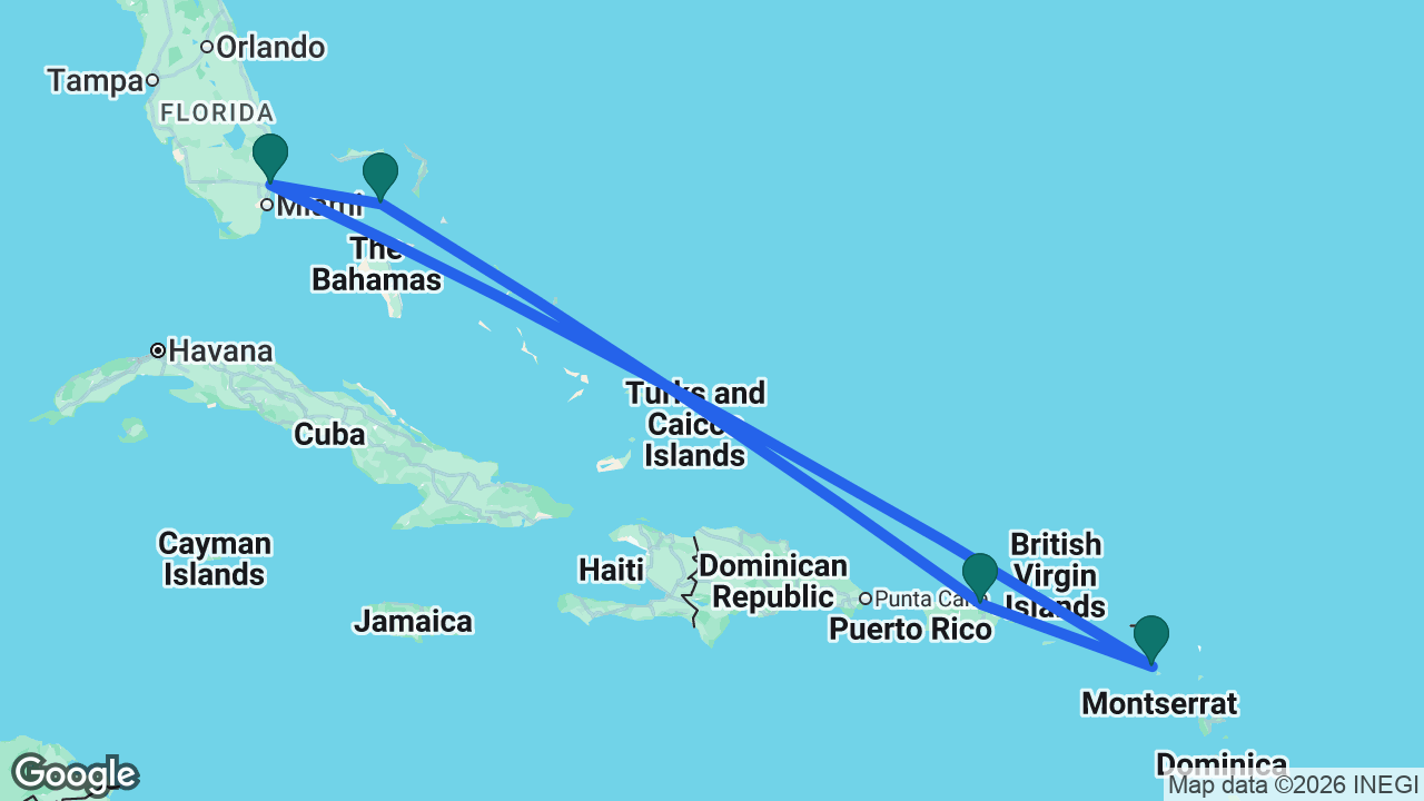 Route map: Fort Lauderdale -> St. Kitts -> San Juan -> CocoCay -> Fort Lauderdale