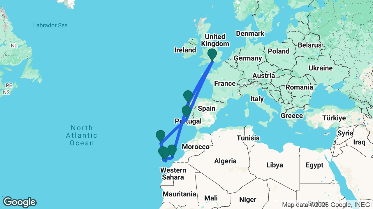 Route map: Southampton -> Lisbon -> Madeira -> Gran Canaria -> Tenerife -> Lanzarote -> Vigo -> Southampton