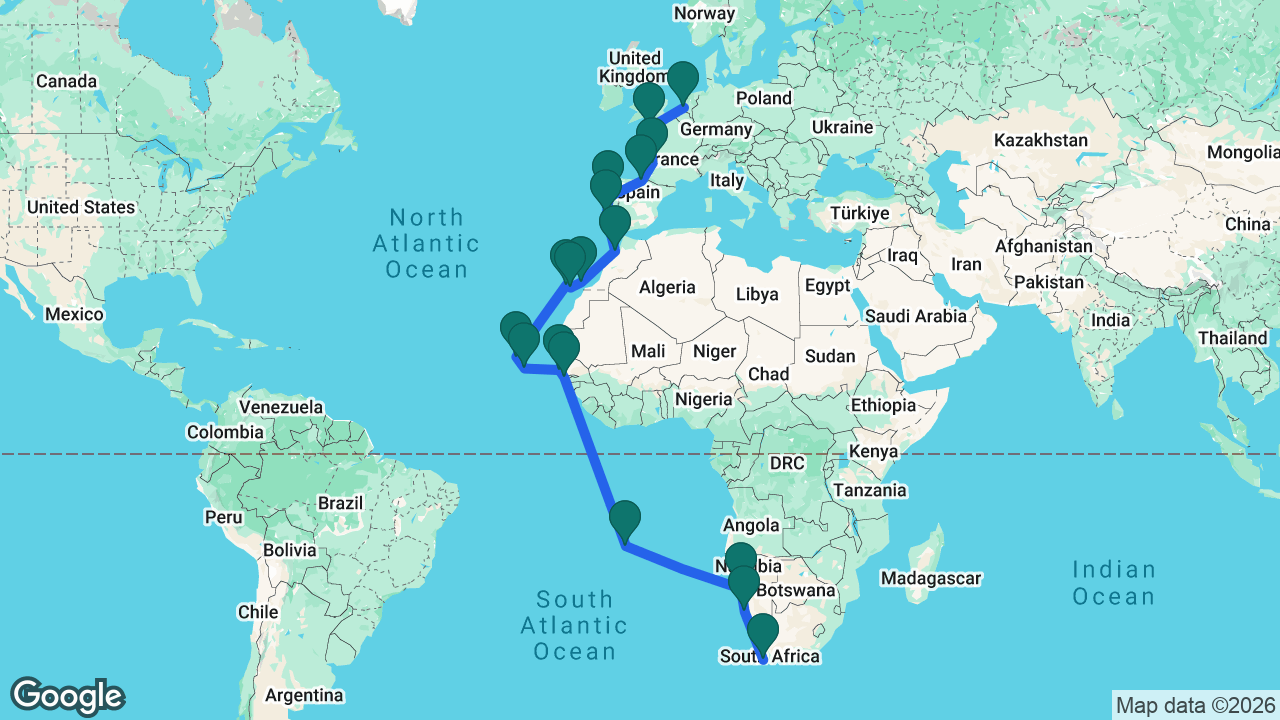 Route map: Cape Town -> Lüderitz -> Walvis Bay -> Jamestown -> Banjul -> Dakar -> Praia -> Mindelo -> Tenerife -> Gran Canaria -> Lanzarote -> Casablanca -> Lisbon -> Porto -> Bilbao -> Bordeaux -> Cherbourg -> Rotterdam