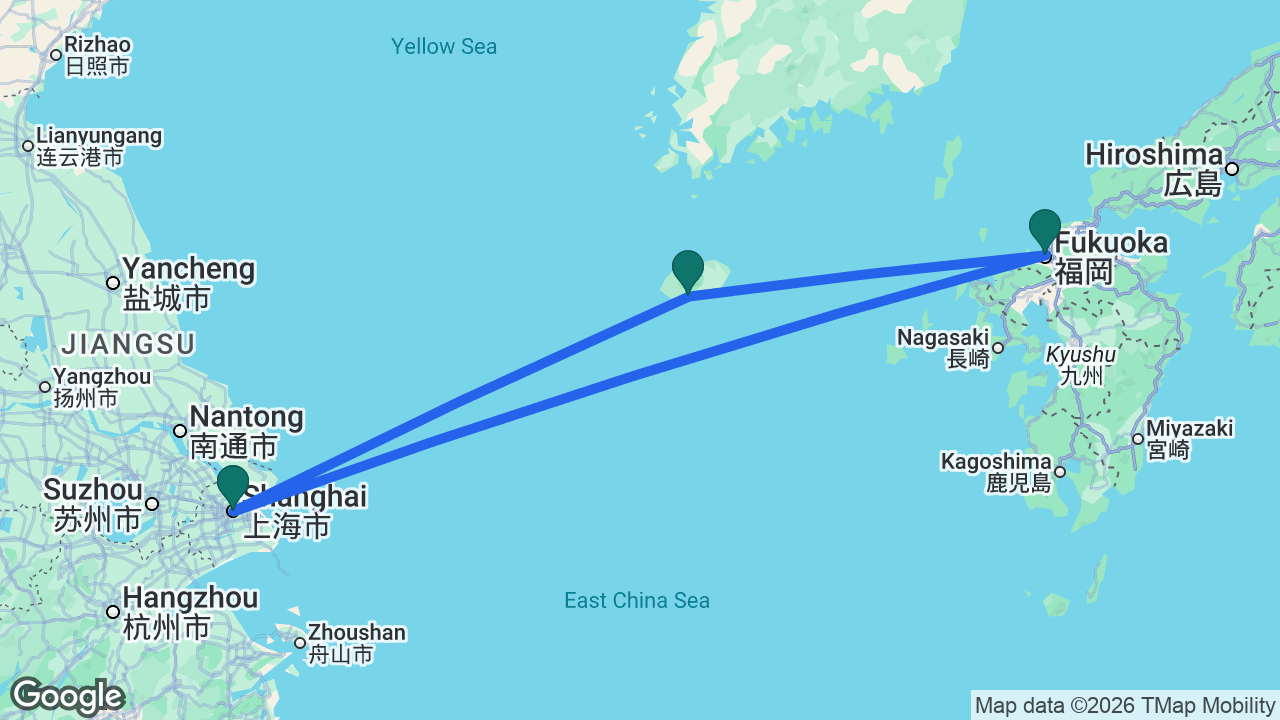 Route map: Shanghai -> Fukuoka -> Jeju -> Shanghai