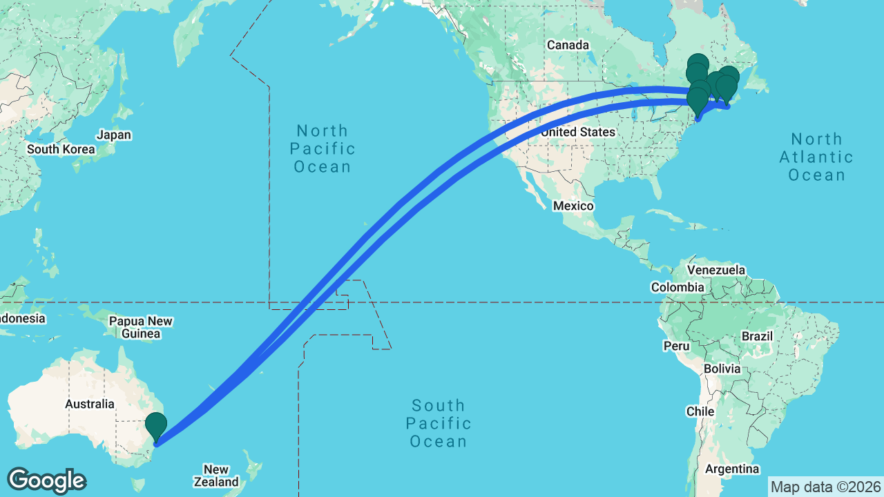 Route map: Boston -> Portland -> Saint John -> Halifax -> Sydney -> Charlottetown -> Saguenay -> Québec City