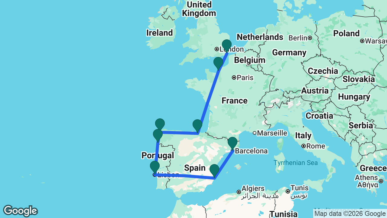 Route map: Dover -> Paris -> Bilbao -> La Coruña -> Vigo -> Lisbon -> Alicante -> Barcelona