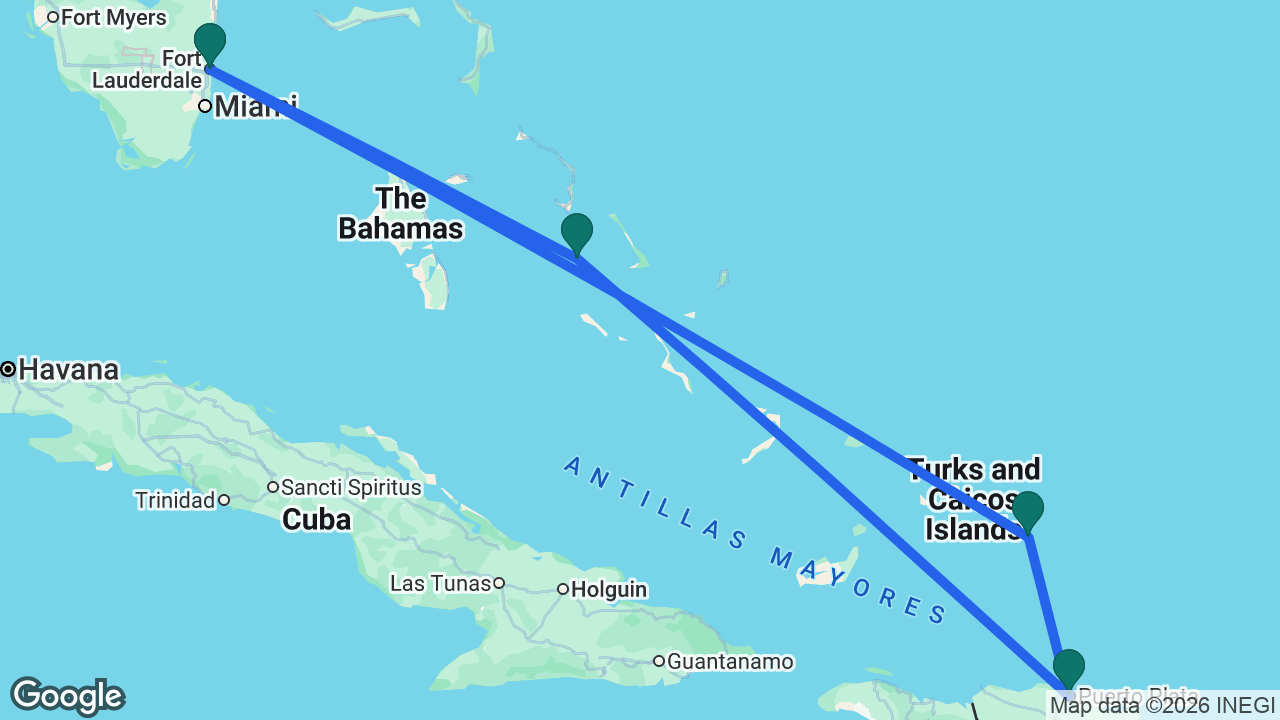 Route map: Fort Lauderdale -> Princess Cays -> Amber Cove -> Grand Turk -> Fort Lauderdale