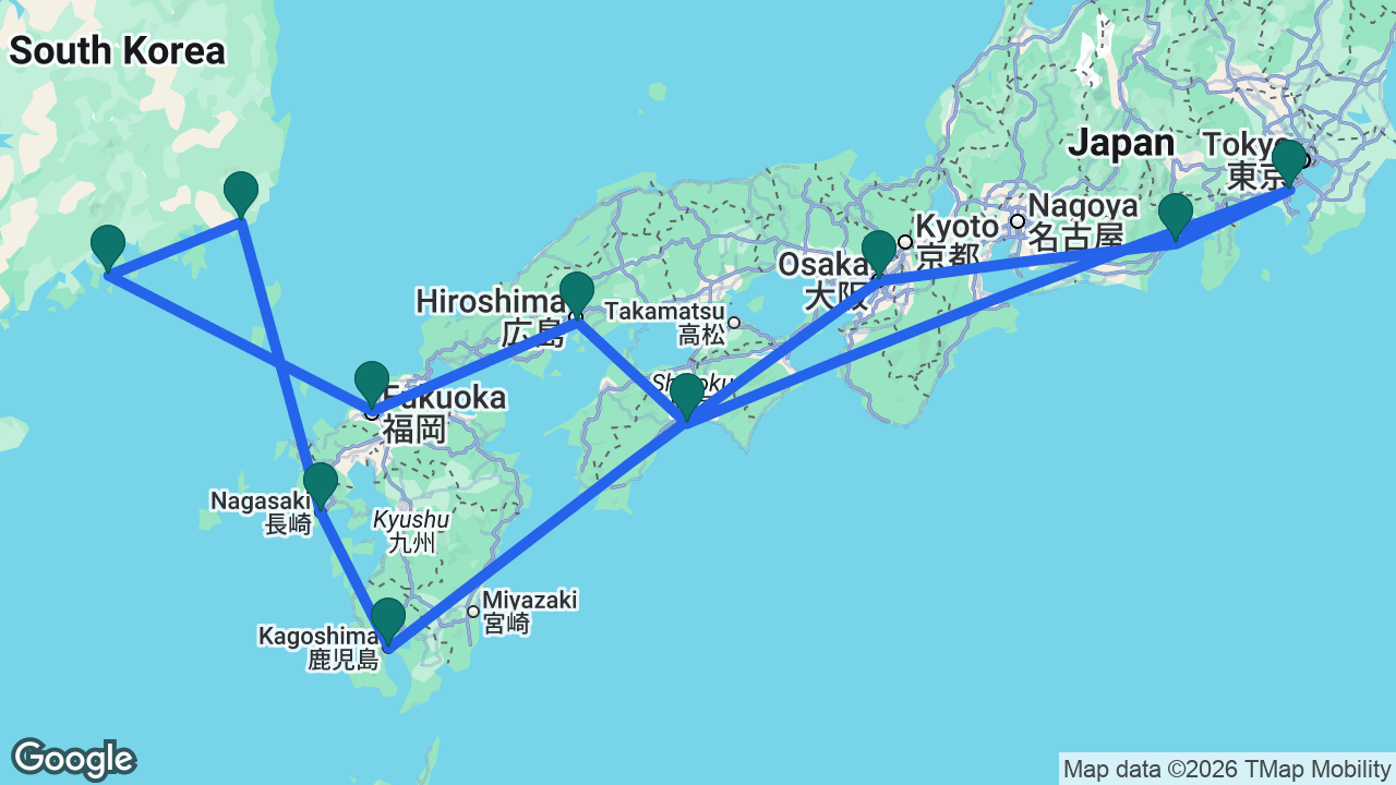 Route map: Tokyo -> Mount Fuji -> Osaka -> Kagoshima -> Nagasaki -> Busan -> Yeosu -> Fukuoka -> Hiroshima -> Kochi -> Tokyo