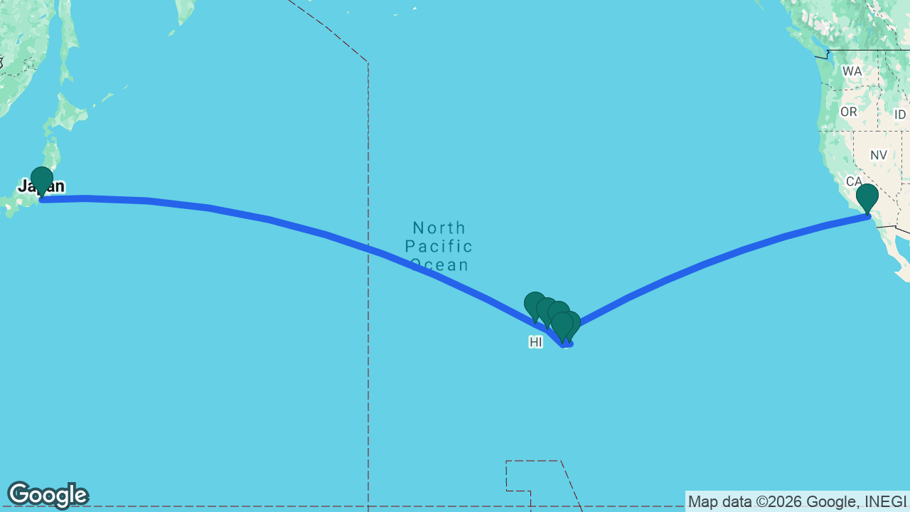 Route map: Los Angeles -> Maui -> Hilo -> Kona -> Honolulu -> Kauai -> Tokyo