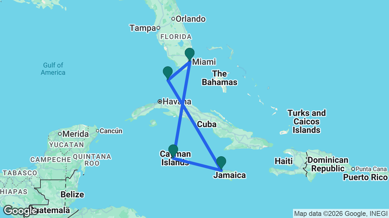 Route map: Miami -> Key West -> Montego Bay -> Grand Cayman -> Miami