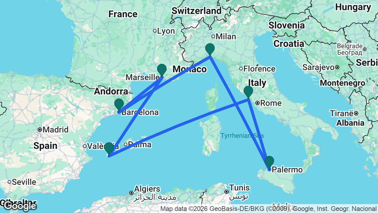Route map: Marseille -> Ibiza -> Rome -> Palermo -> Genoa -> Barcelona -> Marseille