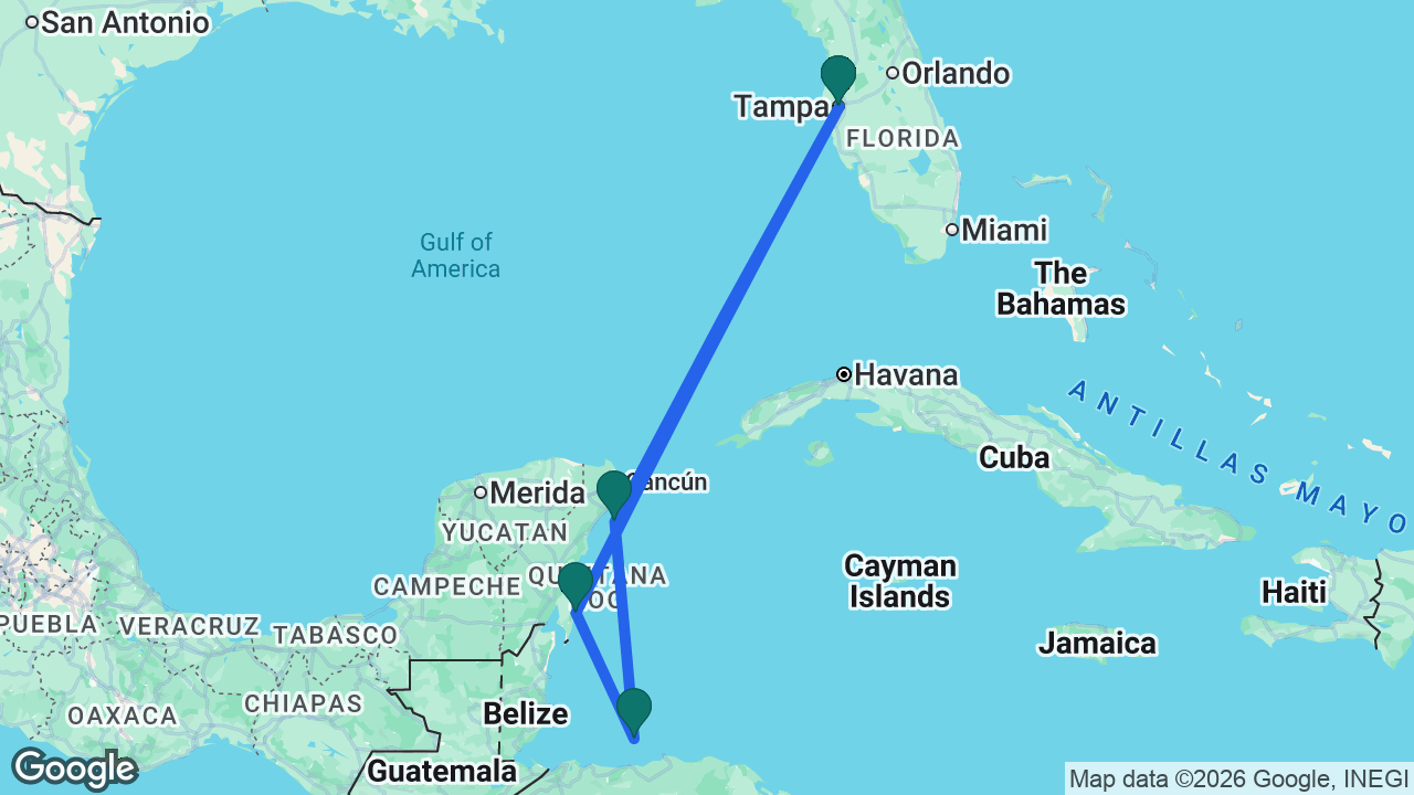 Route map: Tampa -> Cozumel -> Roatán -> Costa Maya -> Tampa