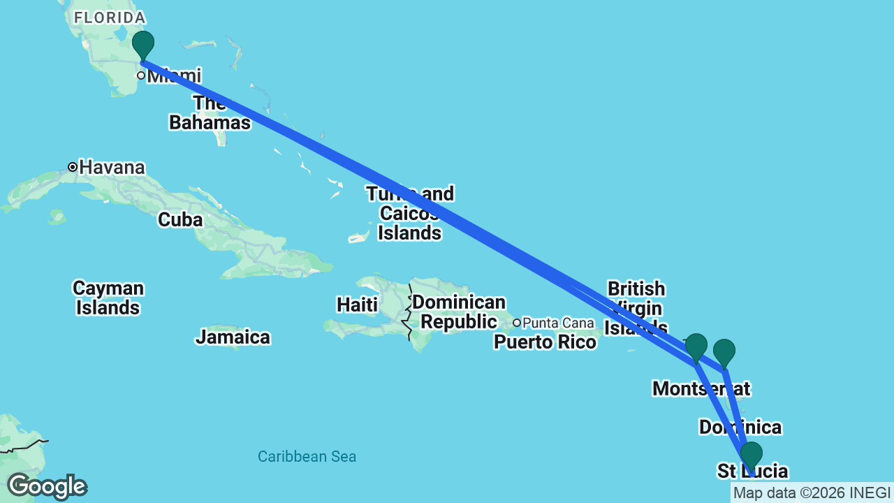 Route map: Fort Lauderdale -> St. Kitts -> St. Lucia -> Antigua -> Fort Lauderdale