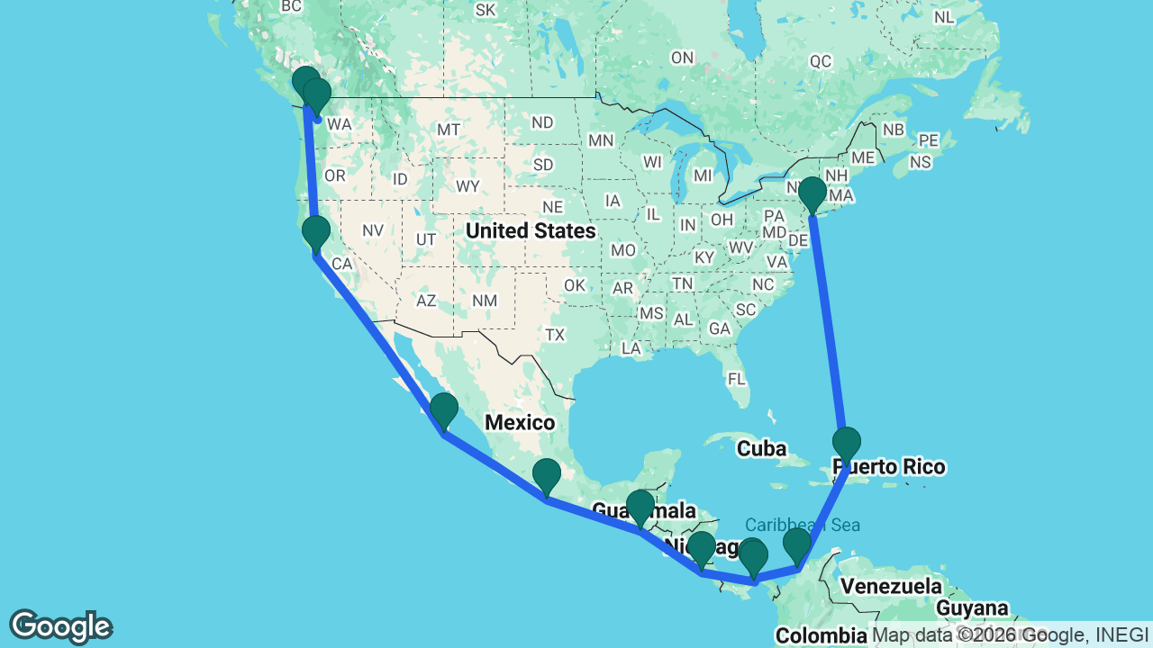 Route map: New York -> Puerto Plata -> Cartagena -> Colón -> Panama Canal -> Puntarenas -> Puerto Quetzal -> Acapulco -> Cabo -> San Francisco -> Victoria -> Seattle
