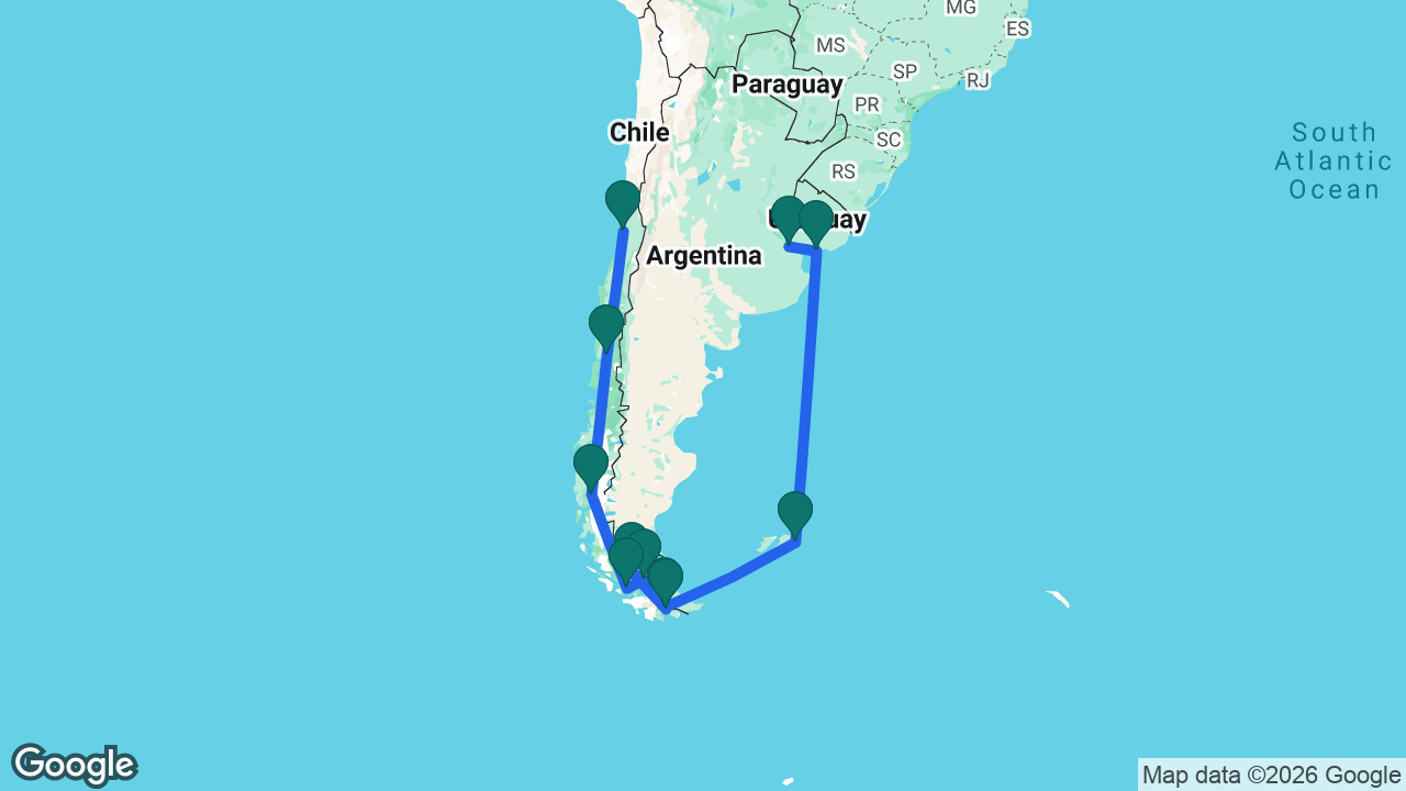 Route map: Buenos Aires -> Montevideo -> Port Stanley -> Ushuaia -> Beagle Channel -> Punta Arenas -> Strait of Magellan -> Cockburn Channel -> Pío XI Glacier -> Puerto Montt -> San Antonio
