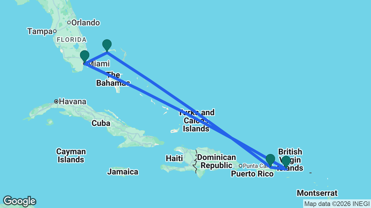 Route map: Miami -> St. Thomas -> San Juan -> Celebration Key -> Miami