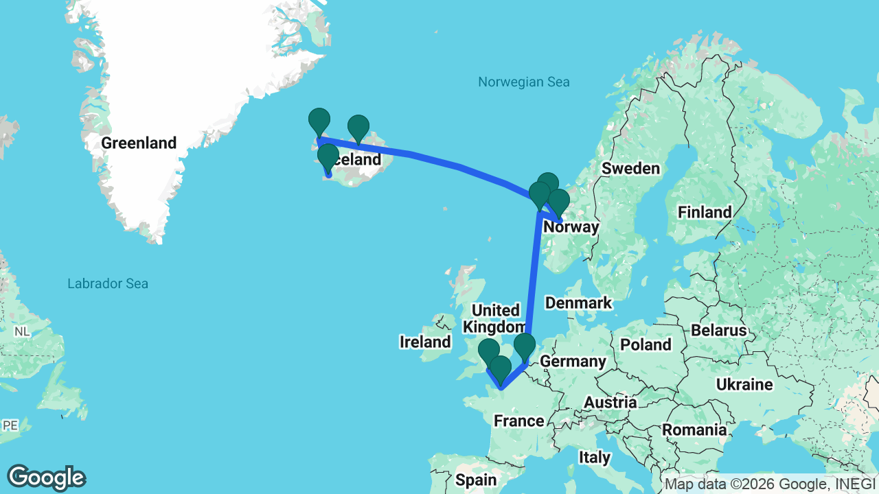 Route map: Reykjavik -> Isafjordur -> Akureyri -> Ålesund -> Skjolden -> Måløy -> Bruges -> Paris -> Southampton