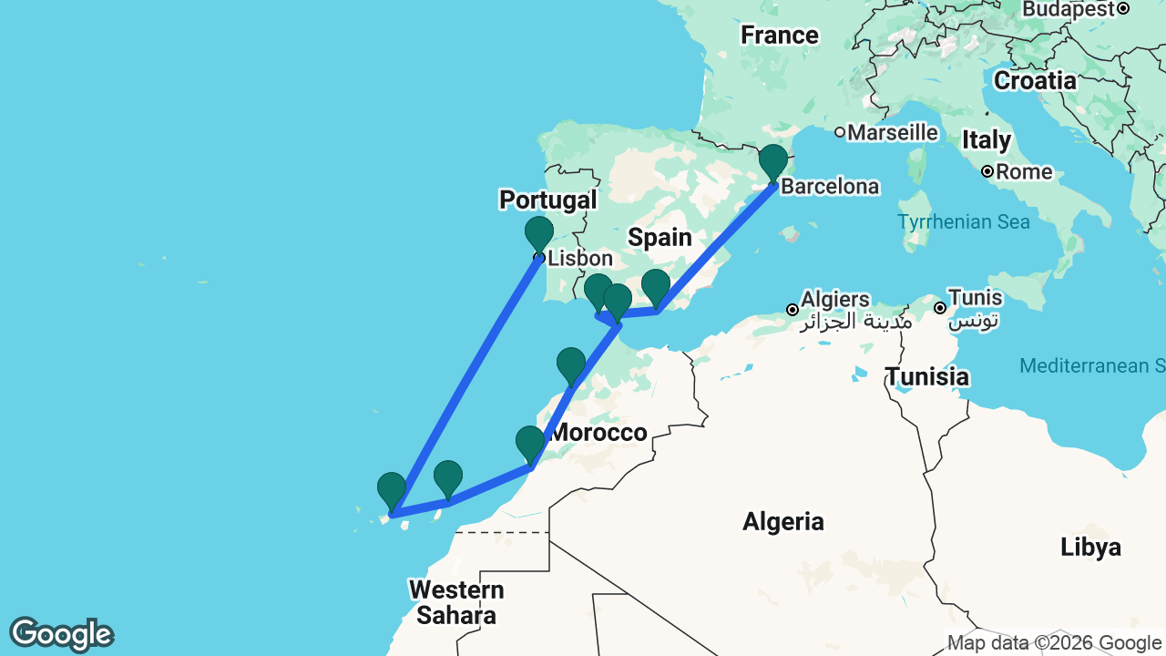 Route map: Barcelona -> Motril -> Cádiz -> Gibraltar -> Casablanca -> Agadir -> Lanzarote -> Tenerife -> Lisbon