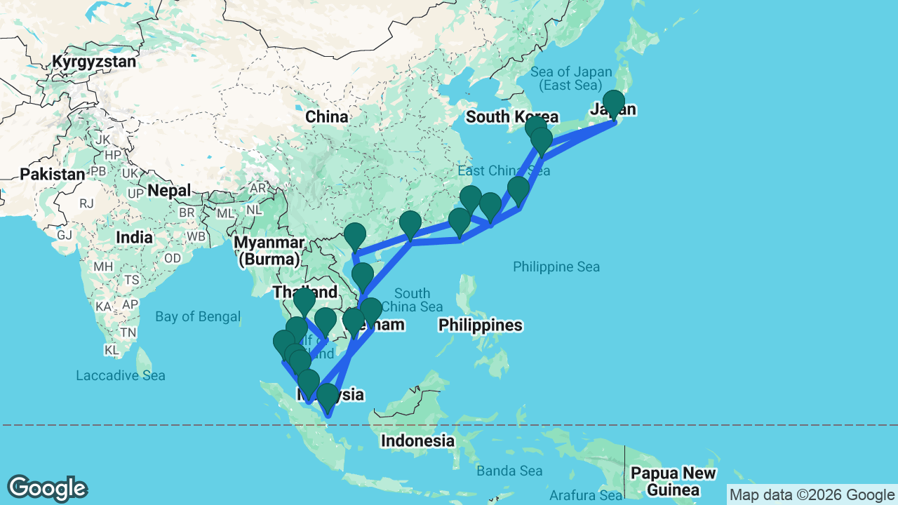 Route map: Tokyo -> Kagoshima -> Naha -> Kaohsiung -> Hong Kong -> Da Nang -> Ho Chi Minh City -> Singapore -> Koh Samui -> Bangkok -> Sihanoukville -> Langkawi -> Phuket -> Penang -> Kuala Lumpur -> Cam Ranh -> Ha Long Bay -> Keelung -> Ishigaki -> Nagasaki -> Tokyo