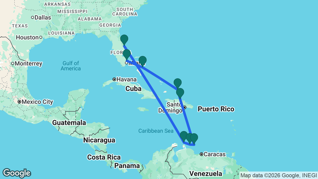 Route map: Port Canaveral -> Aruba -> Curaçao -> Bonaire -> Amber Cove -> Grand Turk -> Nassau -> Fort Lauderdale