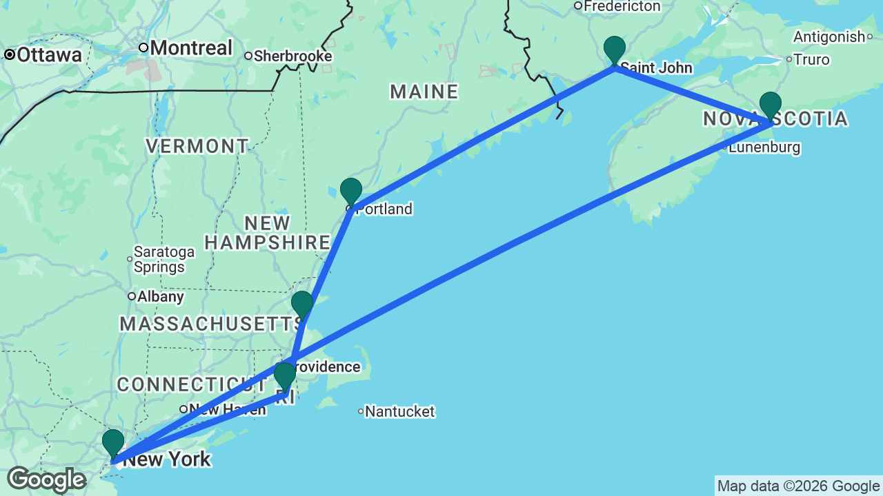 Route map: New York -> Newport -> Boston -> Portland -> Saint John -> Halifax -> New York