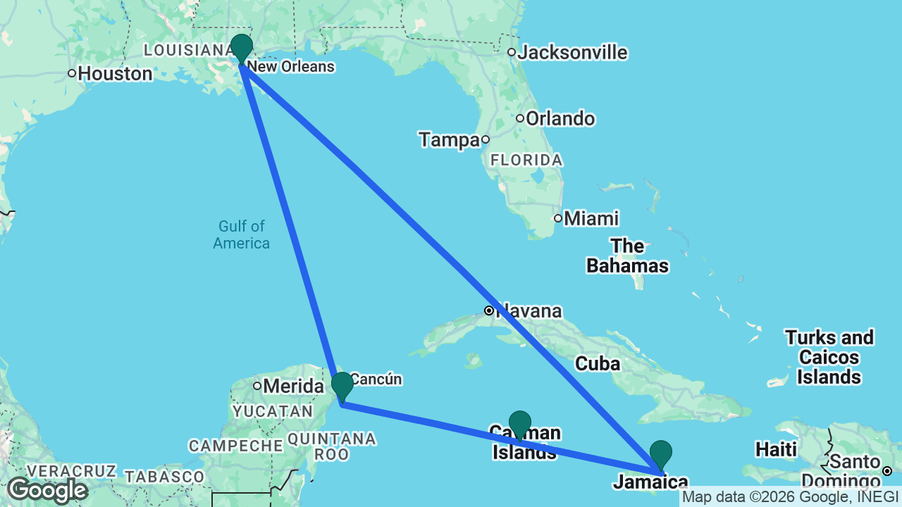 Route map: New Orleans -> Cozumel -> Grand Cayman -> Ocho Rios -> New Orleans