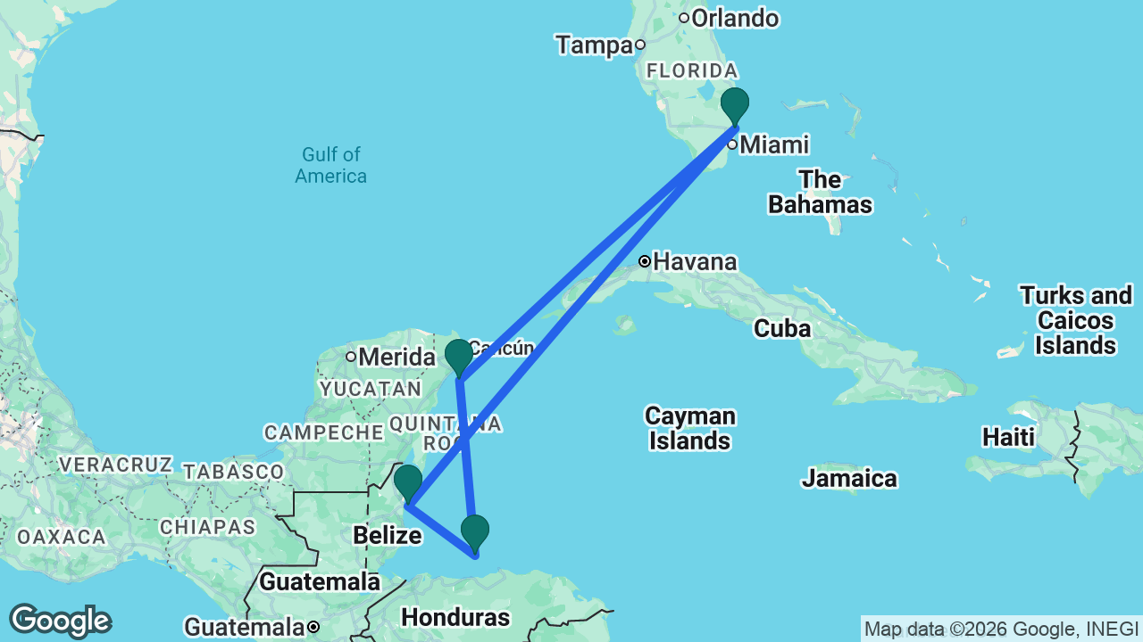 Route map: Fort Lauderdale -> Belize City -> Roatán -> Cozumel -> Fort Lauderdale
