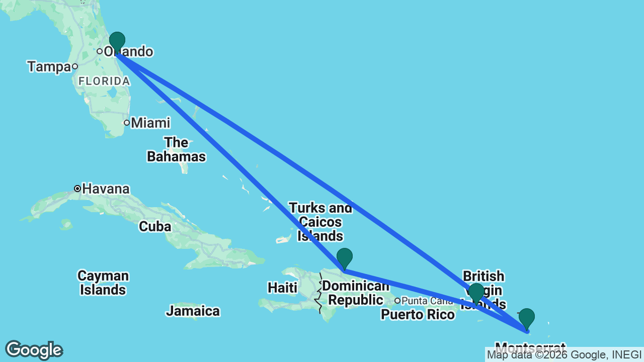 Route map: Port Canaveral -> Puerto Plata -> St. Thomas -> St. Kitts -> Port Canaveral