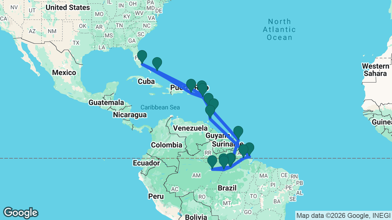Route map: Fort Lauderdale -> Half Moon Cay -> St. Maarten -> Martinique -> Tobago -> Barra Norte River -> Macapá -> Santarém -> Boca da Valéria -> Manaus -> Parintins -> Alter do Chão -> Devil's Island -> Barbados -> St. Kitts -> San Juan -> Fort Lauderdale