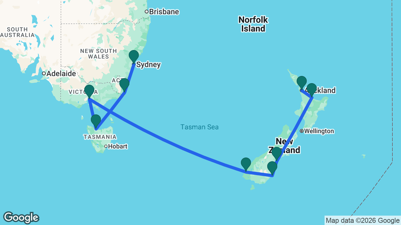 Route map: Sydney -> Eden -> Tasmania -> Melbourne -> Dusky Sound -> Dunedin -> Timaru -> Tauranga -> Auckland