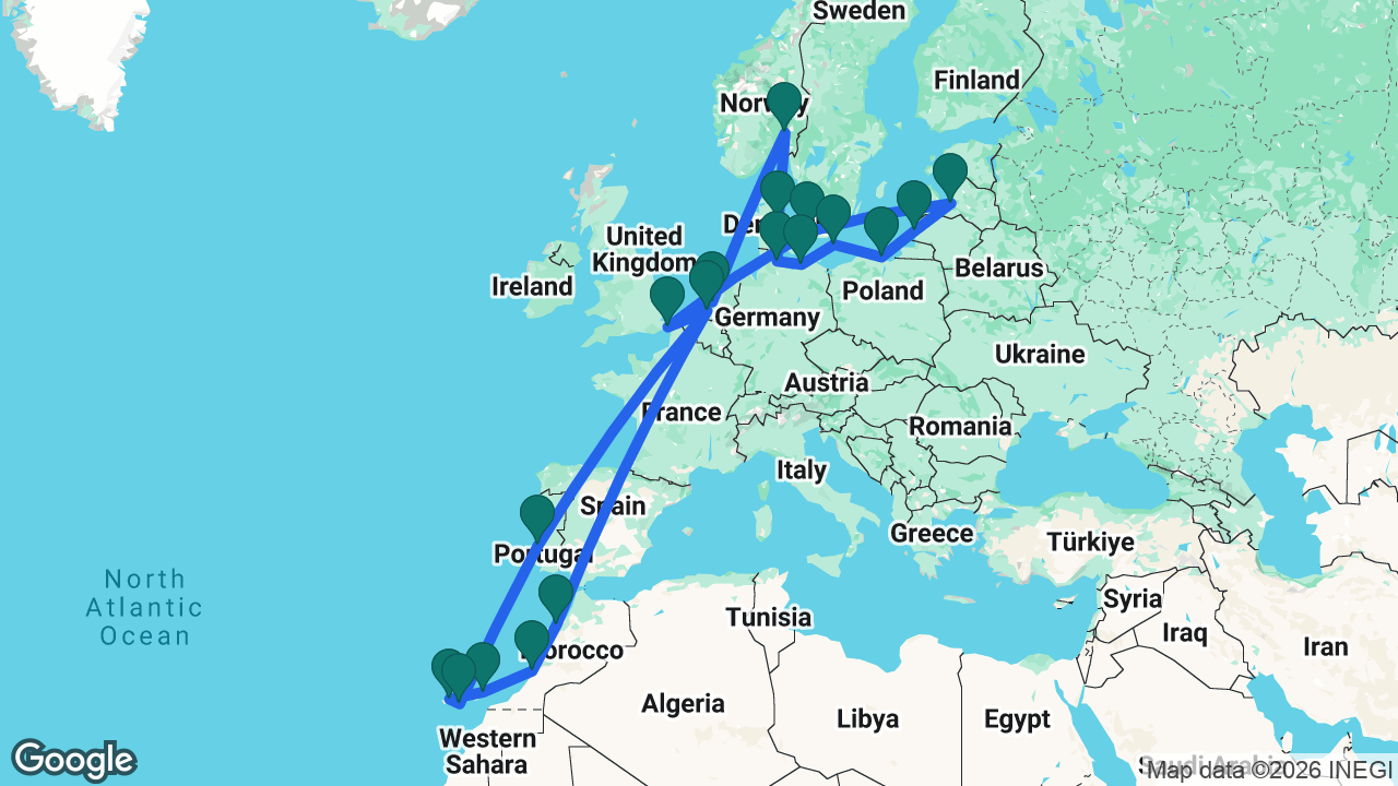 Route map: Amsterdam -> Oslo -> Aarhus -> Kiel -> Berlin -> Rønne -> Gdansk -> Klaipeda -> Riga -> Copenhagen -> Dover -> Rotterdam -> Casablanca -> Agadir -> Lanzarote -> Tenerife -> Gran Canaria -> Lisbon -> Rotterdam
