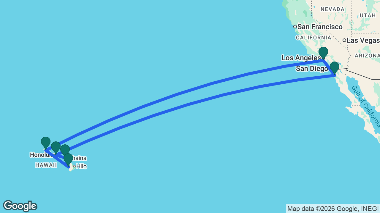 Route map: Los Angeles -> Kauai -> Kona -> Maui -> Honolulu -> Ensenada -> Los Angeles
