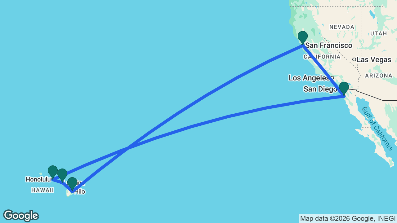 Route map: San Francisco -> Hilo -> Maui -> Honolulu -> Ensenada -> San Francisco