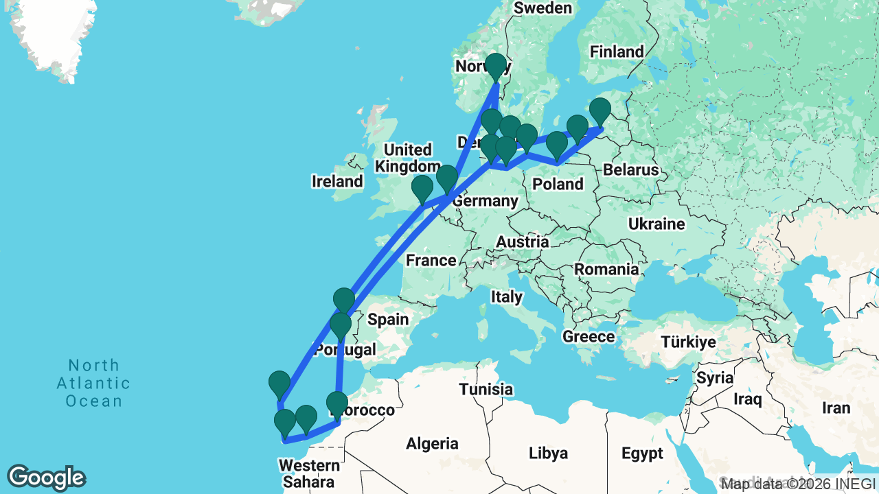 Route map: Dover -> Rotterdam -> Oslo -> Aarhus -> Kiel -> Berlin -> Rønne -> Gdansk -> Klaipeda -> Riga -> Copenhagen -> Porto -> Lisbon -> Agadir -> Lanzarote -> Tenerife -> Madeira -> Dover
