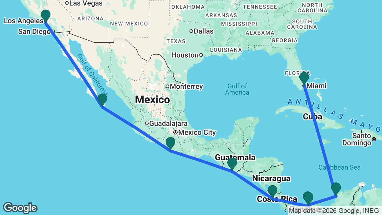 Route map: Los Angeles -> Cabo -> Acapulco -> Puerto Quetzal -> Puntarenas -> Panama City -> Panama Canal -> Cartagena -> Miami