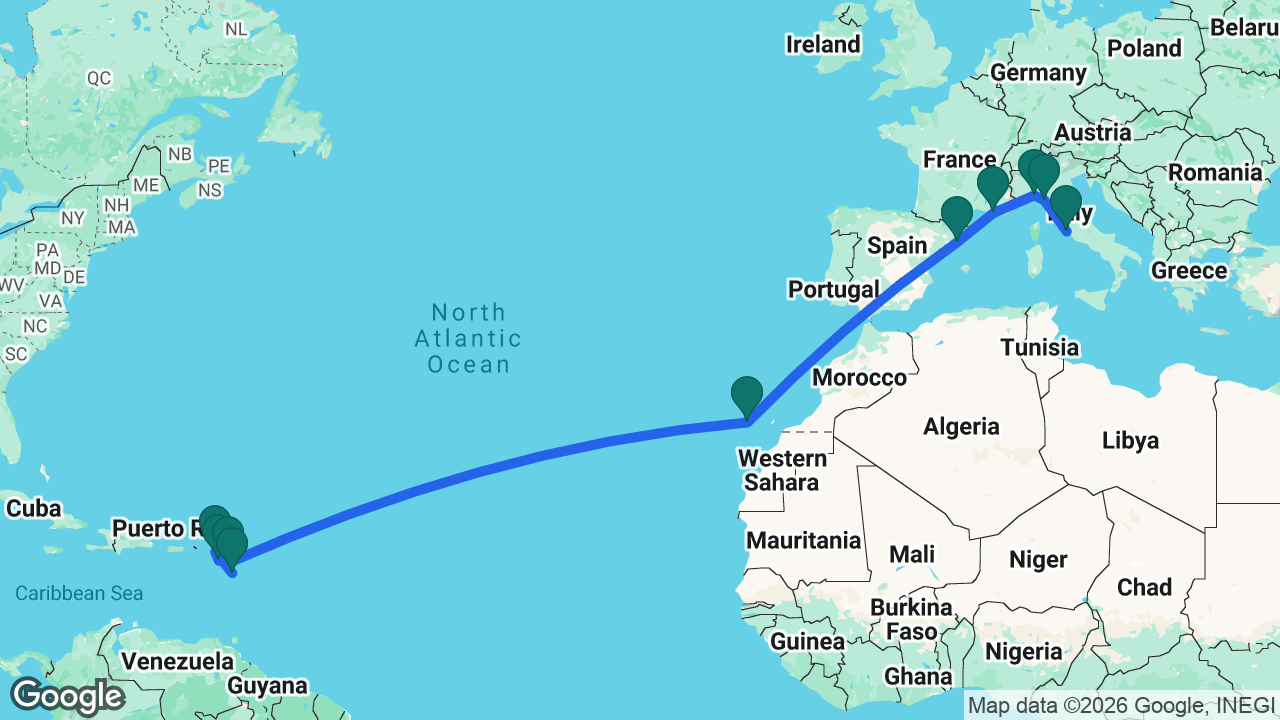 Route map: Guadeloupe -> St. Maarten -> St. Kitts -> Antigua -> Tenerife -> Barcelona -> Marseille -> Genoa -> La Spezia -> Rome