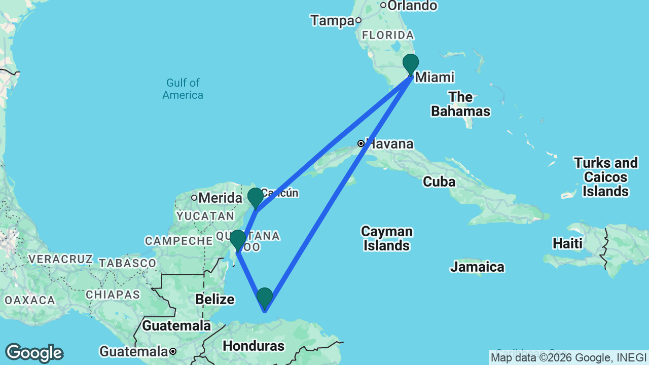 Route map: Miami -> Roatán -> Costa Maya -> Cozumel -> Miami