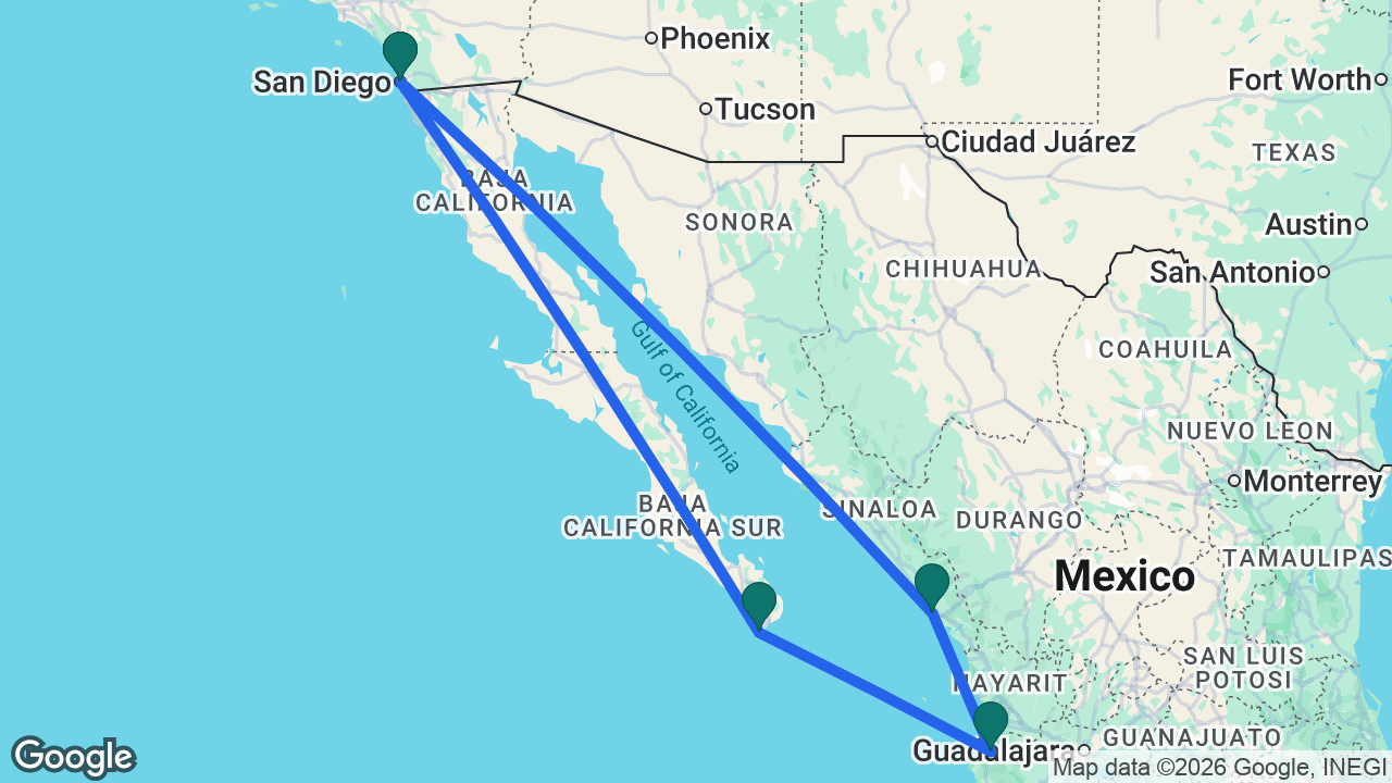 Route map: San Diego -> Cabo -> Puerto Vallarta -> Mazatlán -> San Diego