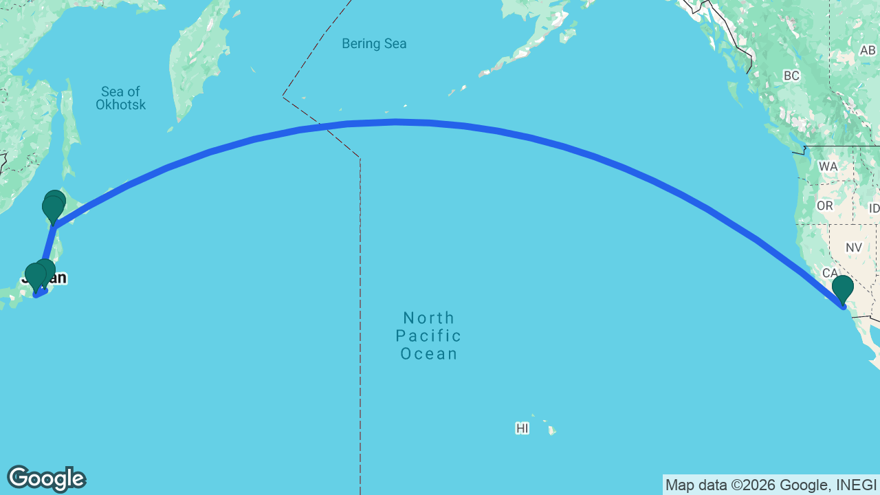 Route map: Los Angeles -> Hakodate -> Muroran -> Mount Fuji -> Tokyo