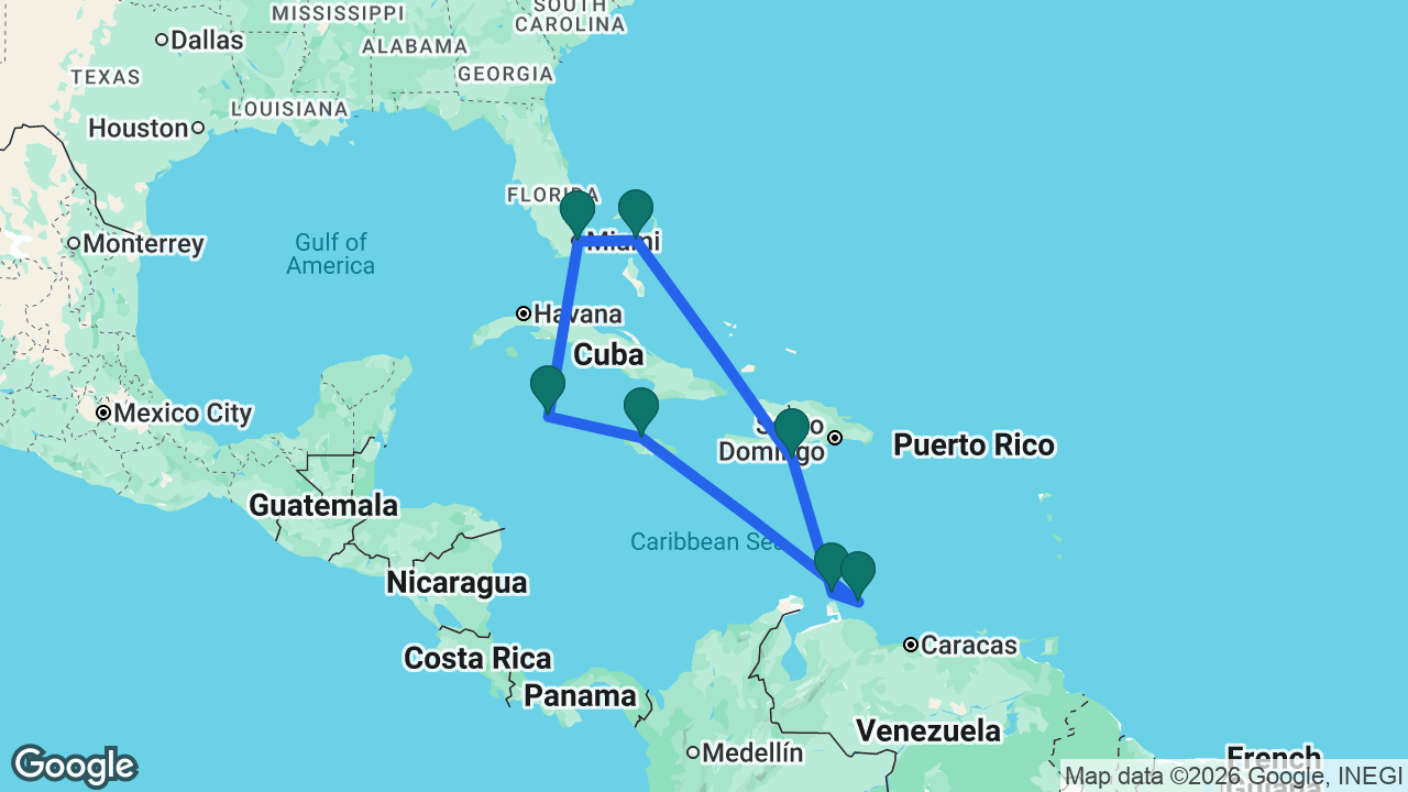 Route map: Miami -> Great Stirrup Cay -> Cabo Rojo -> Aruba -> Curaçao -> Falmouth -> Grand Cayman -> Miami