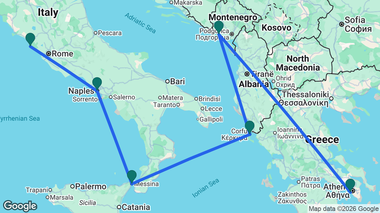 Route map: Athens -> Kotor -> Corfu -> Messina -> Naples -> Rome