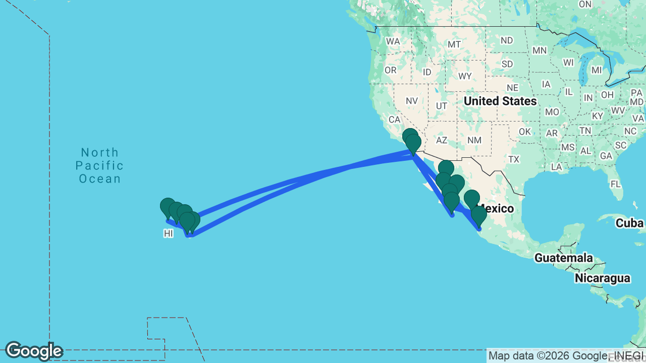 Route map: San Diego -> Hilo -> Kona -> Maui -> Kauai -> Honolulu -> Ensenada -> Cabo -> Loreto -> Guaymas -> Topolobampo -> La Paz -> Mazatlán -> Puerto Vallarta -> San Diego