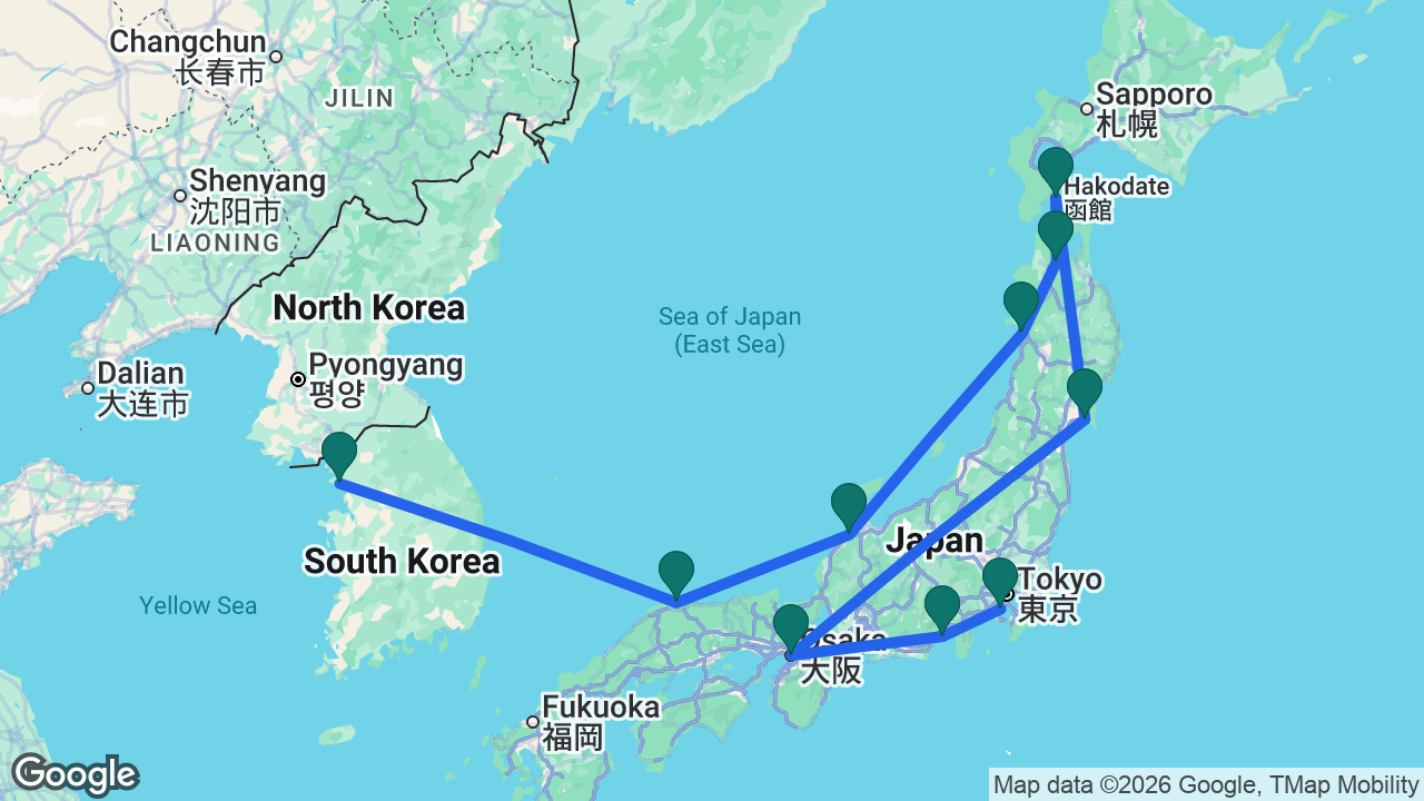 Route map: Tokyo -> Mount Fuji -> Osaka -> Ishinomaki -> Hakodate -> Aomori -> Akita -> Kanazawa -> Sakaiminato -> Seoul